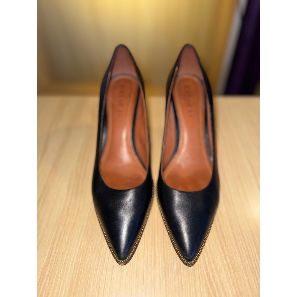 Coach Black Leather Pointed Toe Pumps Chain Detail Stiletto Heels Womens Size 10